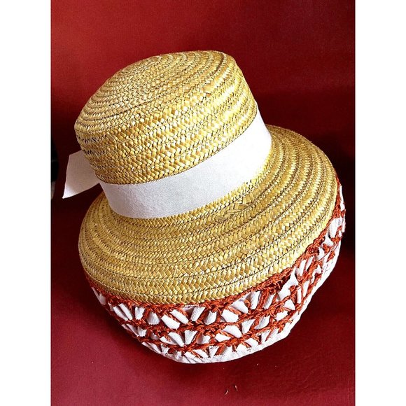 Audrey Hepburn Sun Hat Italy 70s Vintage Straw Wicker Woven Crochet Ribbon Brim main image 11